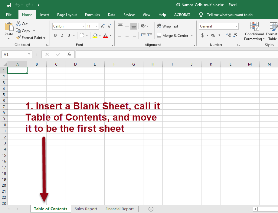 creating a blank sheet called table of contents
