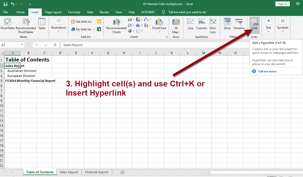 highlight cell and insert hyperlink with control k