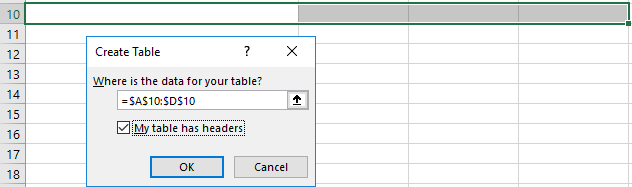 Inserting table header from Excel insert table menu